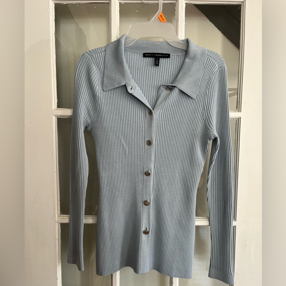White House Black Market Light Blue Ribbed Button-Down Shirt